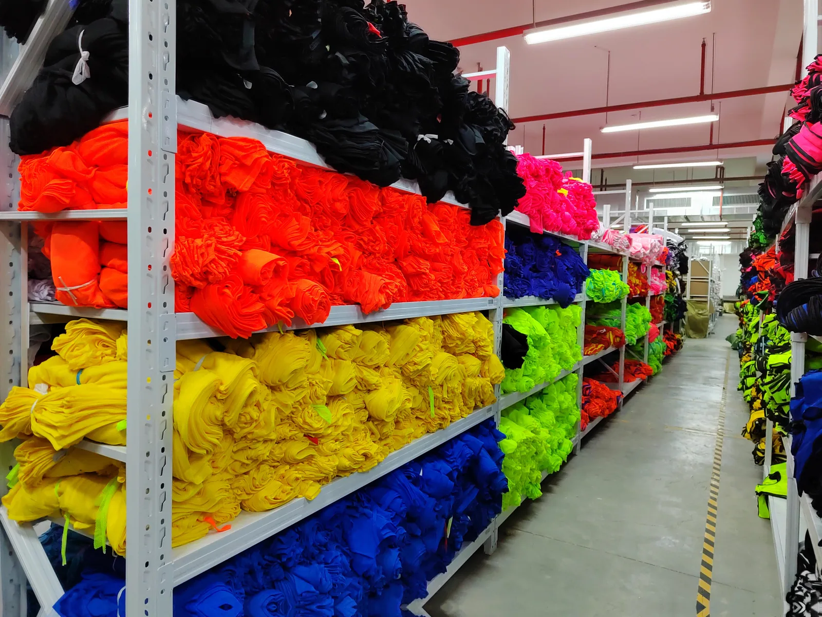 Materials warehouse — fabric stock in every colorway