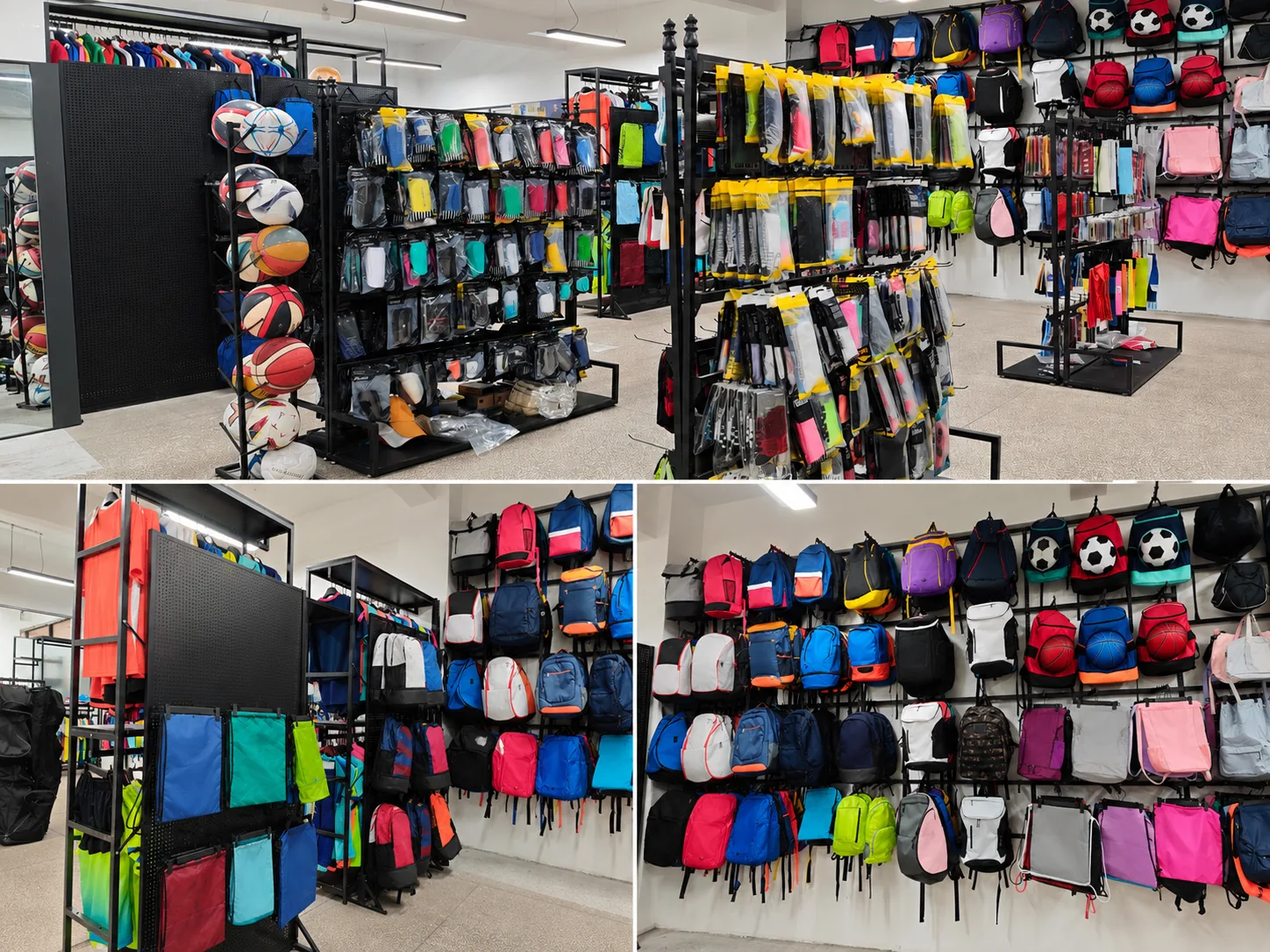 Sample showroom — backpacks, balls, guards and sportswear